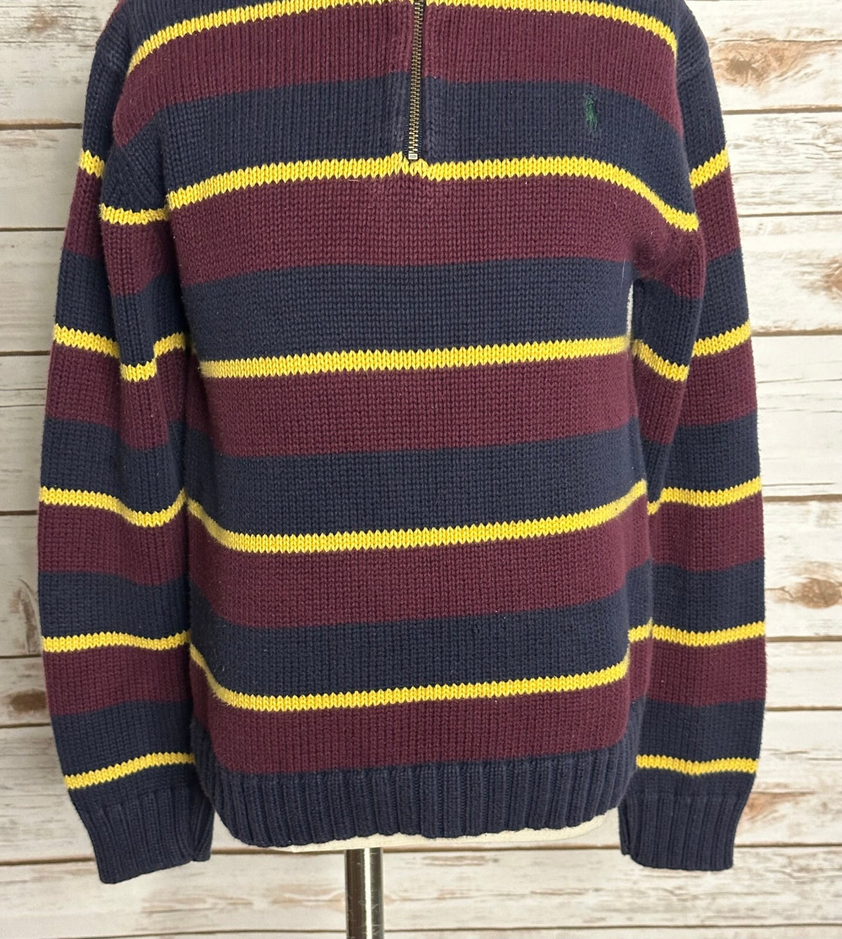 Polo Ralph Lauren burgundy navy yellow stripe cotton quarter zip sweater Size 7
