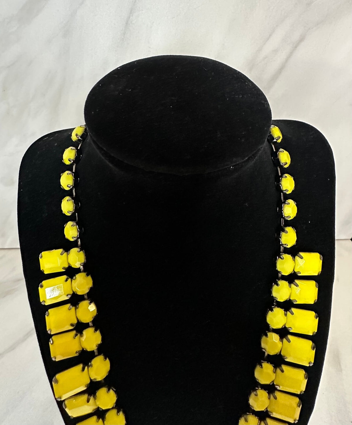 Express bright yellow gunmetal geometric bib statement necklace