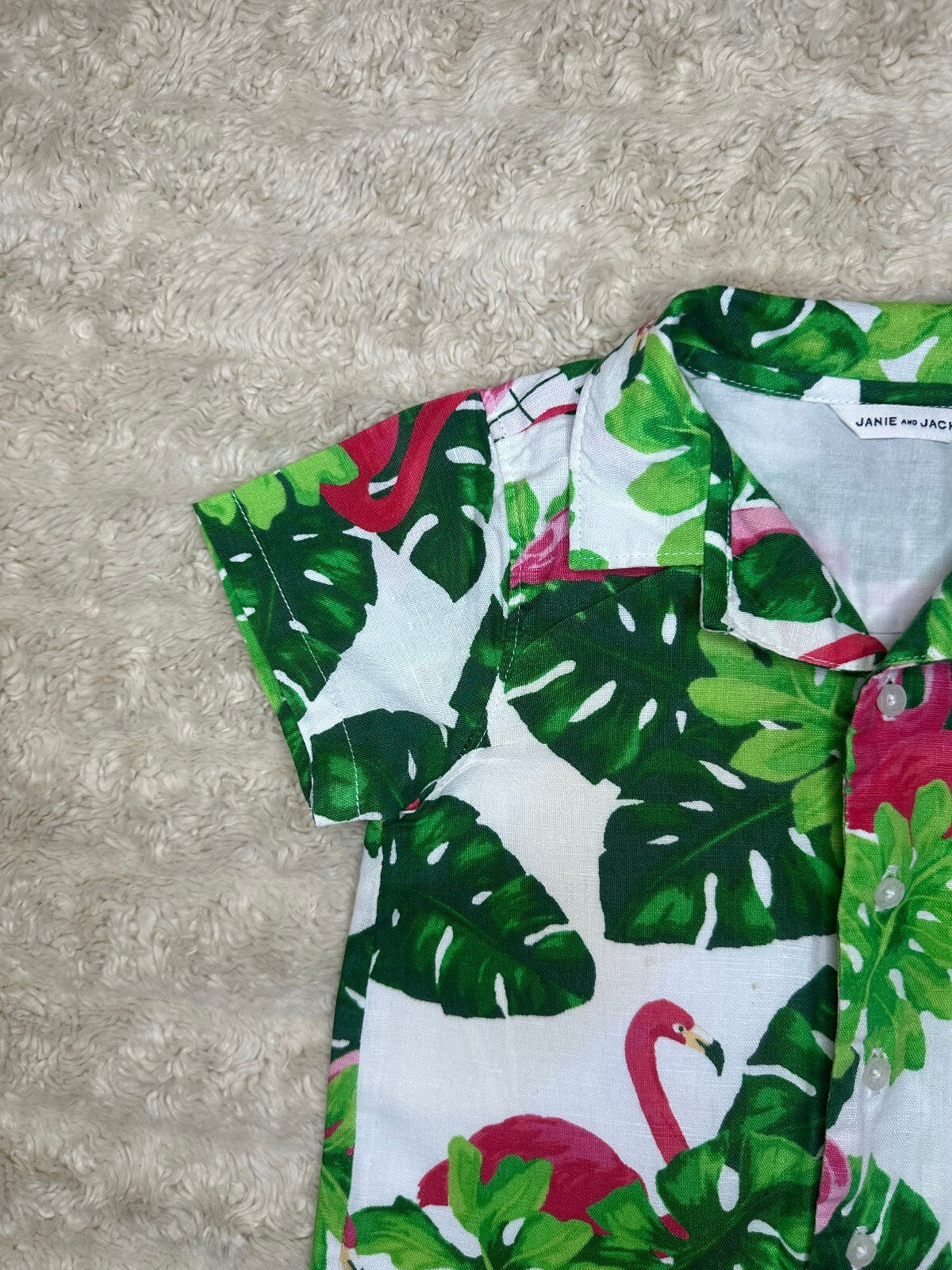 Janie and Jack green pink white short sleeve linen-cotton romper 18-24M tropical
