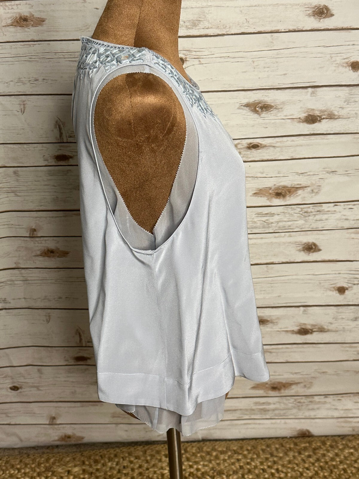 Rebecca Taylor light blue silver geometric embroidered sleeveless silk top 4