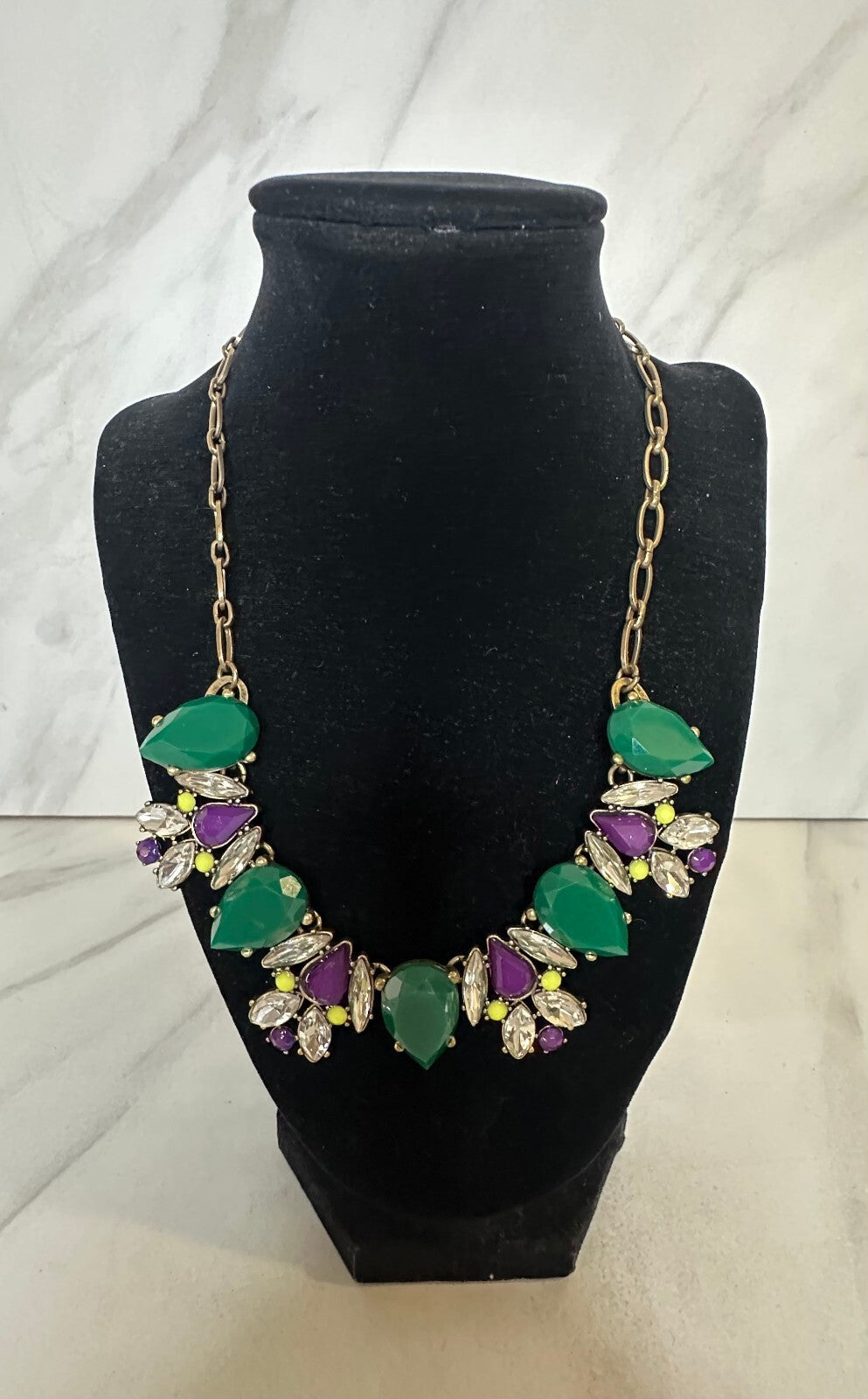 Green and purple jewel tone stone floral statement bib necklace