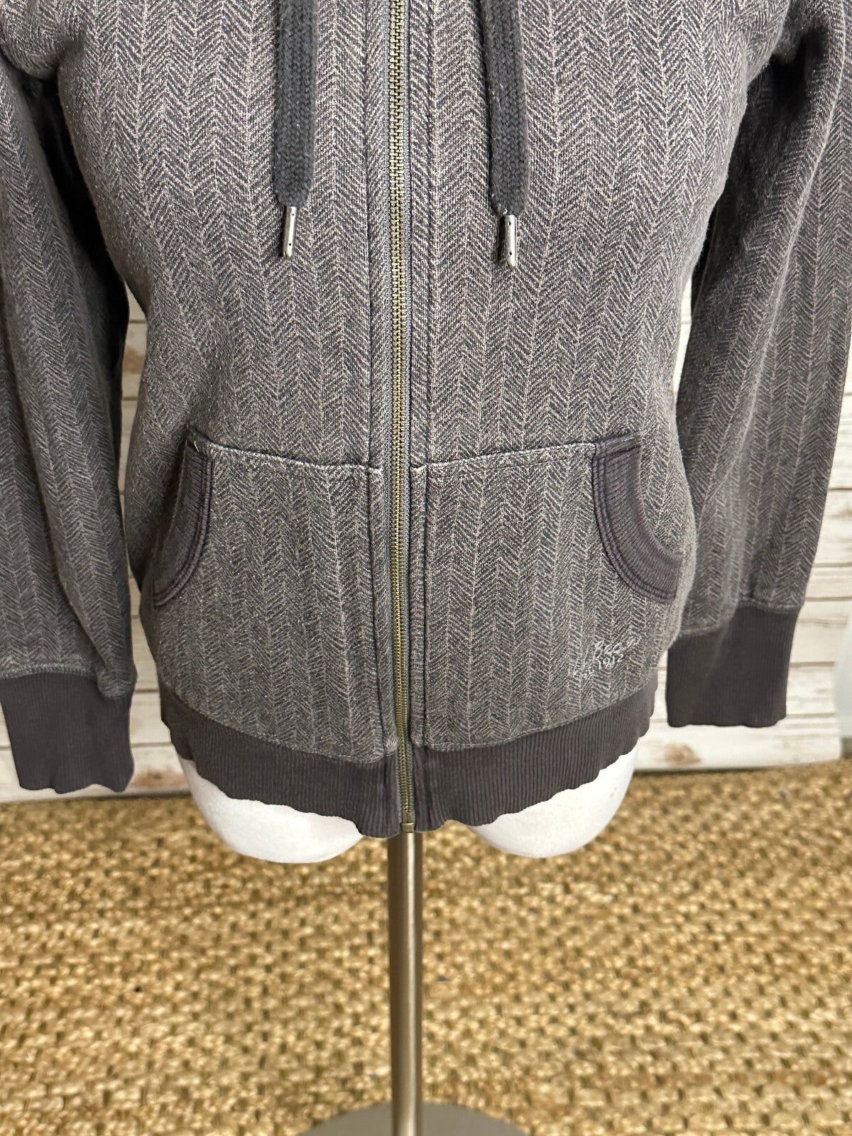 L.L. Bean grey-brown herringbone full-zip sherpa-lined hooded sweatshirt Size XS