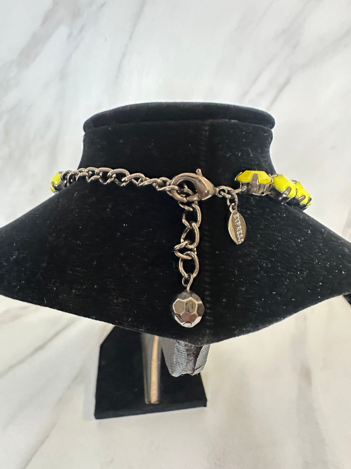 Express bright yellow gunmetal geometric bib statement necklace