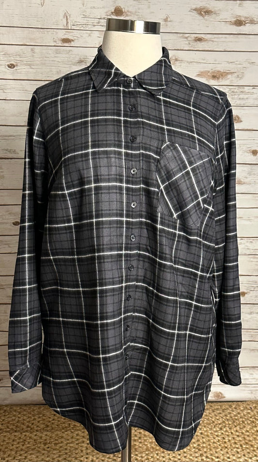 Torrid grey black white plaid long sleeve button-up shirt Size 1/1X/14-16 grunge