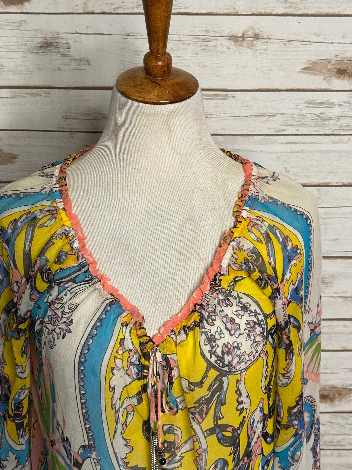 Hale Bob multicolored mixed pattern long sleeve V-neck tie silk blouse Small