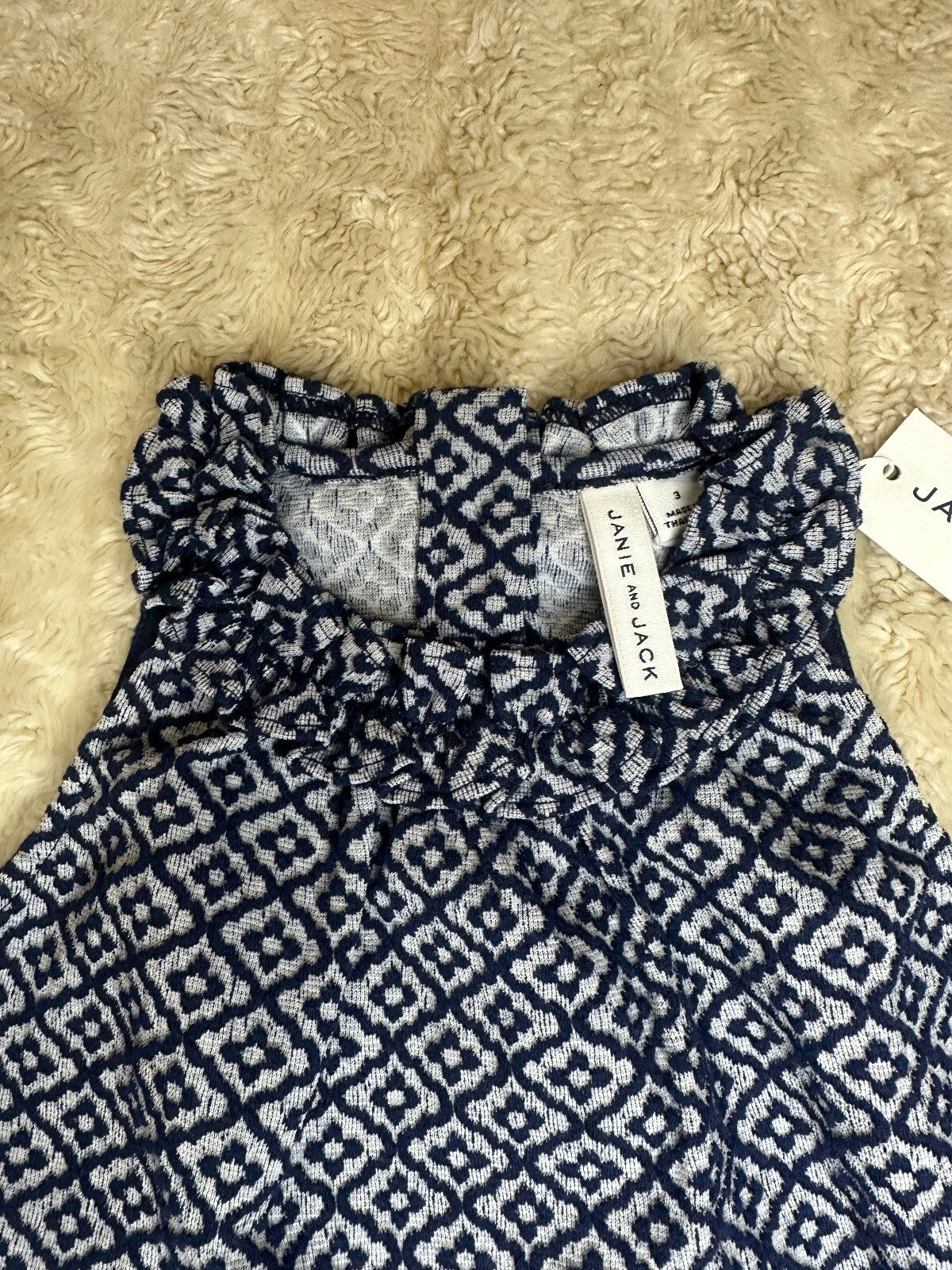 Janie and Jack textured navy blue white geometric floral sleeveless top Size 3