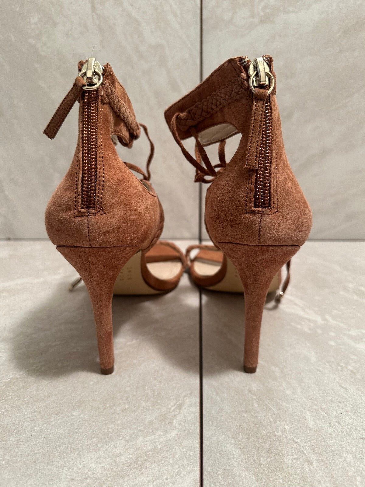 White House Black Market Serenity brown suede lace-up stiletto sandals Size 8M