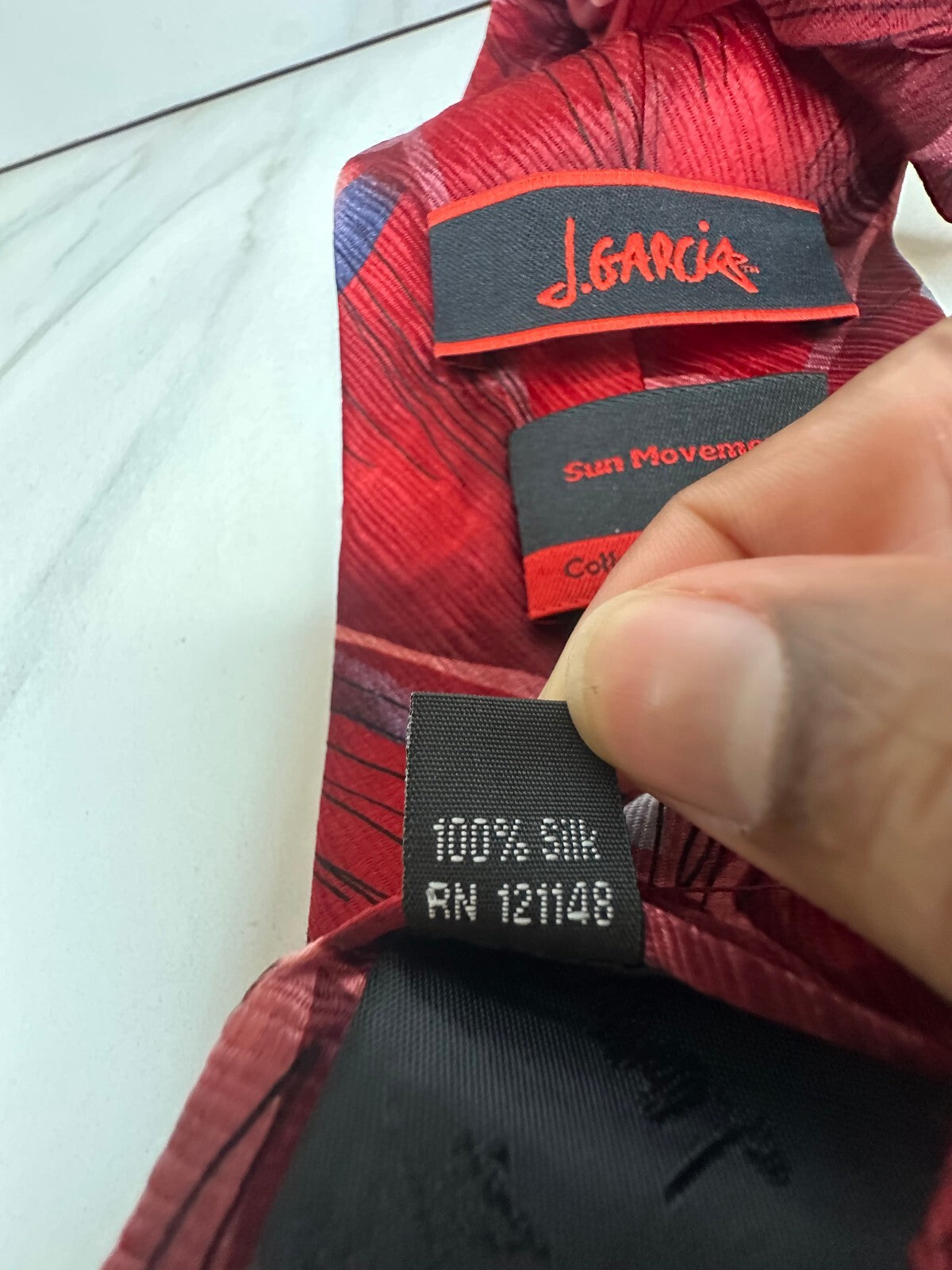 J. Garcia Sun Movement Collection 56 burgundy silver abstract 100% silk tie