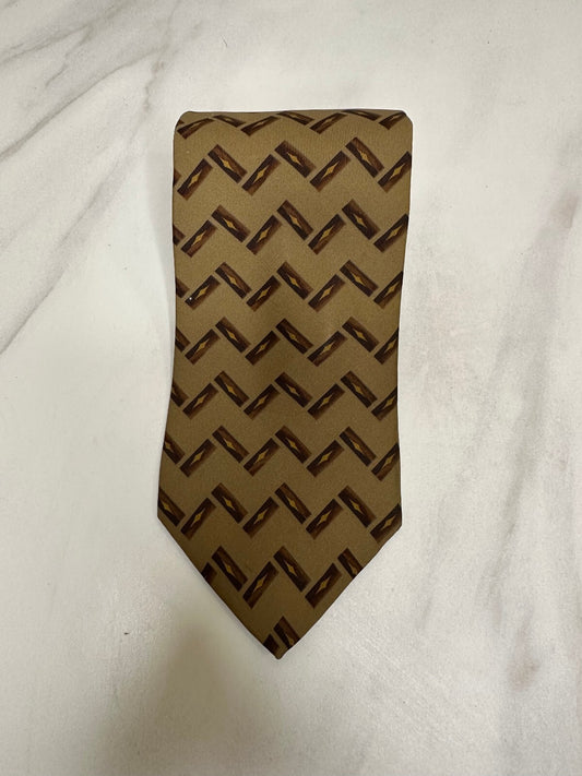 Boss Hugo Boss tan brown geometric 100% Italian silk tie classic quiet luxury
