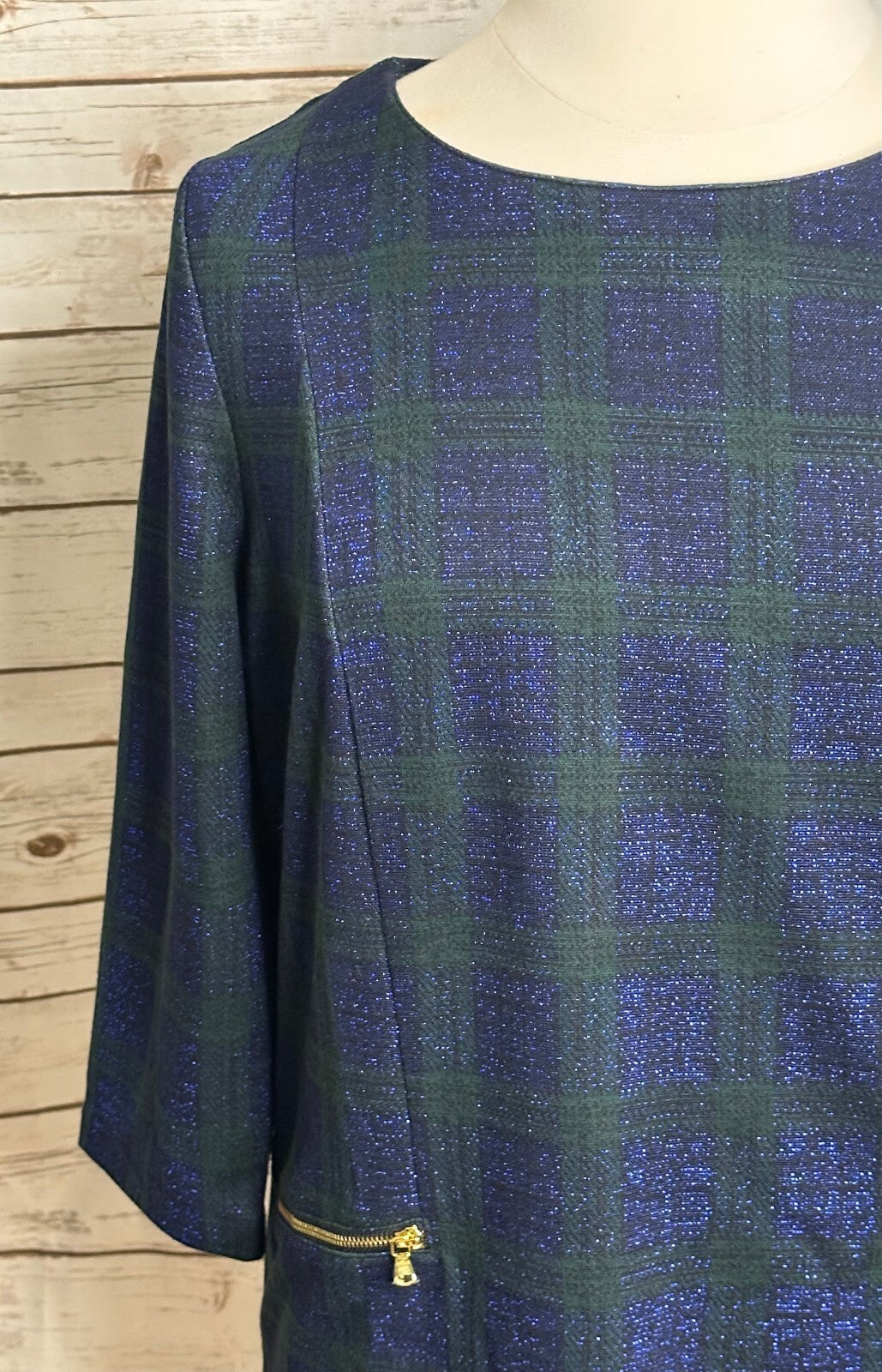Talbots metallic navy green plaid 3/4 length sleeve gold zipper top 1X preppy