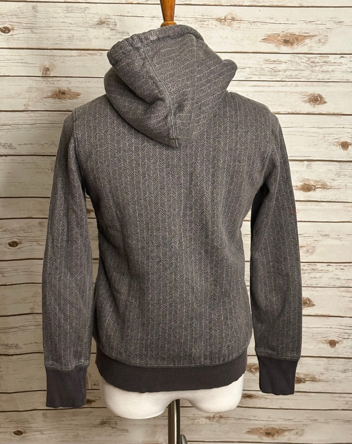 L.L. Bean grey-brown herringbone full-zip sherpa-lined hooded sweatshirt Size XS
