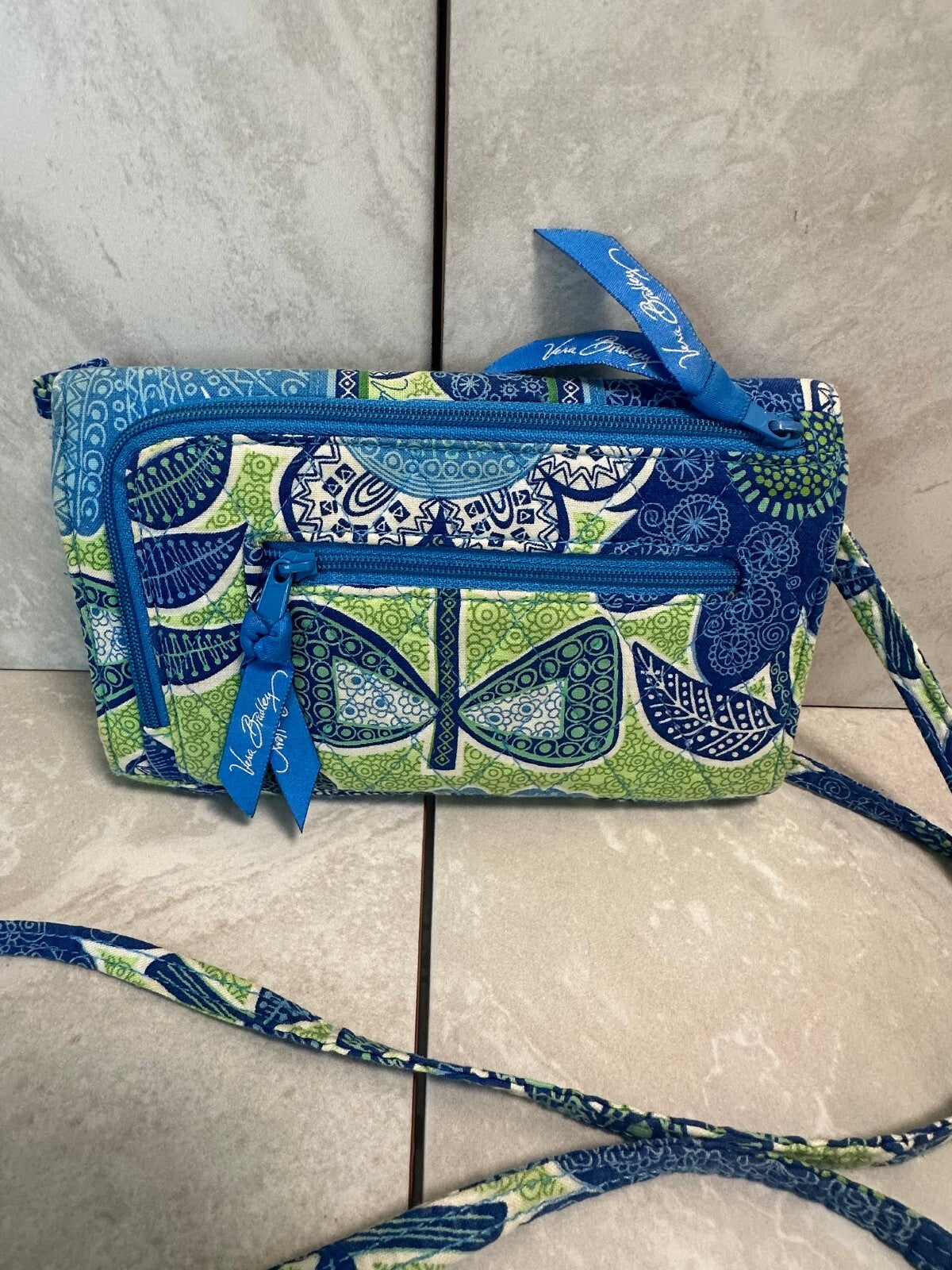 Vera Bradley retired blue green 'Doodle Daisy' quilted flap wallet crossbody bag