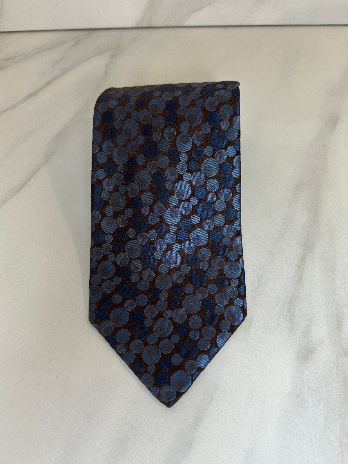Vzone Valentino blue brown circular geometric 100% Italian silk tie quiet luxury