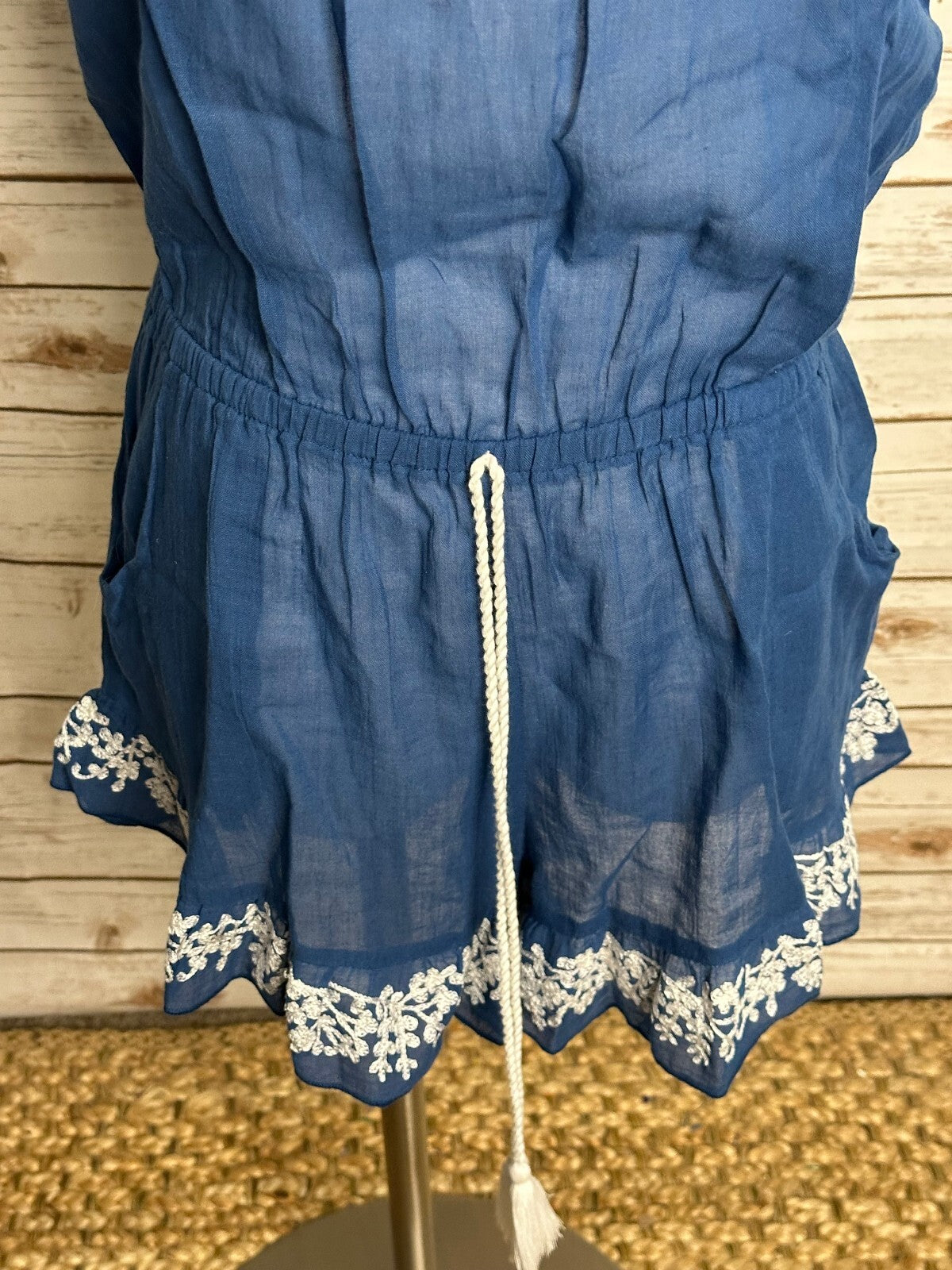 Lucky Brand blue white embroidered off the shoulder romper Small beach festival
