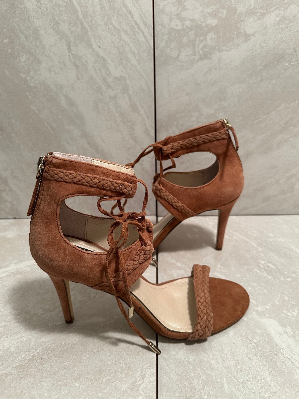 White House Black Market Serenity brown suede lace-up stiletto sandals Size 8M
