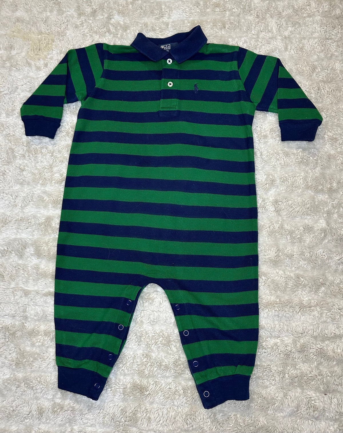 Polo by Ralph Lauren navy green striped rugby-style one-piece/romper 18M preppy