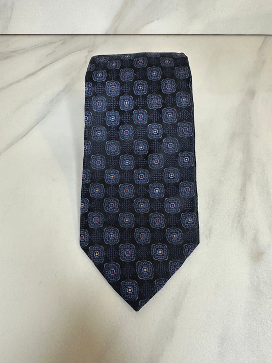 Vintage XMI Platinum navy geometric 100% Italian silk tie quiet luxury old money