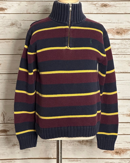 Polo Ralph Lauren burgundy navy yellow stripe cotton quarter zip sweater Size 7