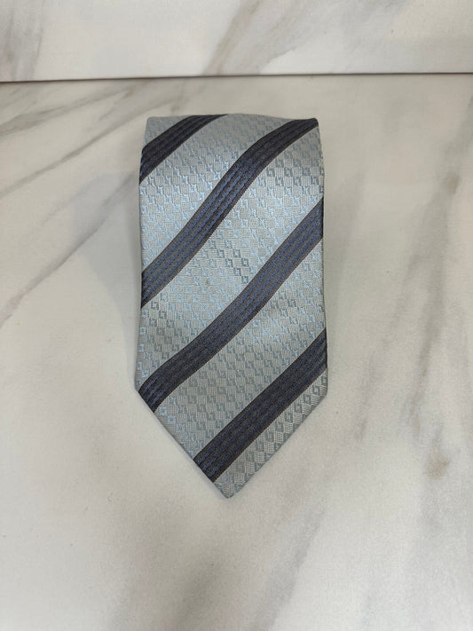 Vintage Giorgio Armani grey light blue diagonal stripe 100% Italian silk tie