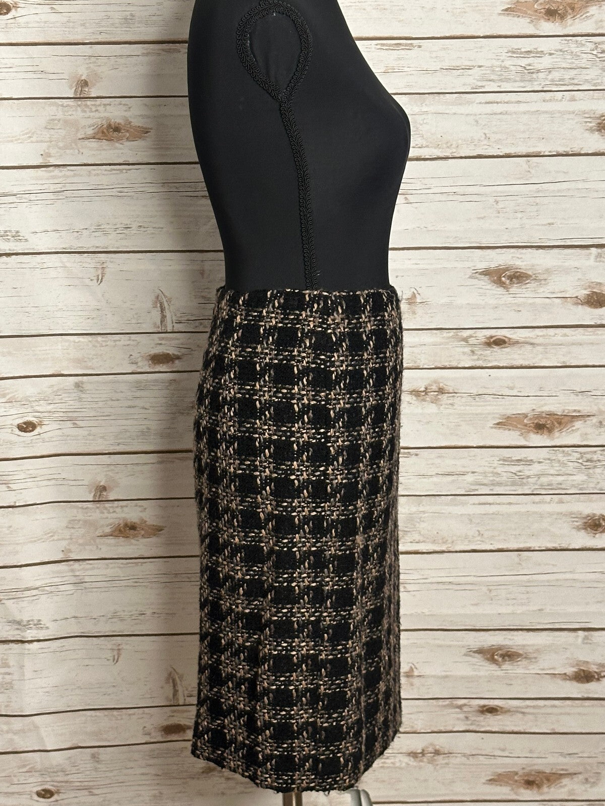 ECI New York black grey cream plaid tweed wool-blend pencil skirt Size 4