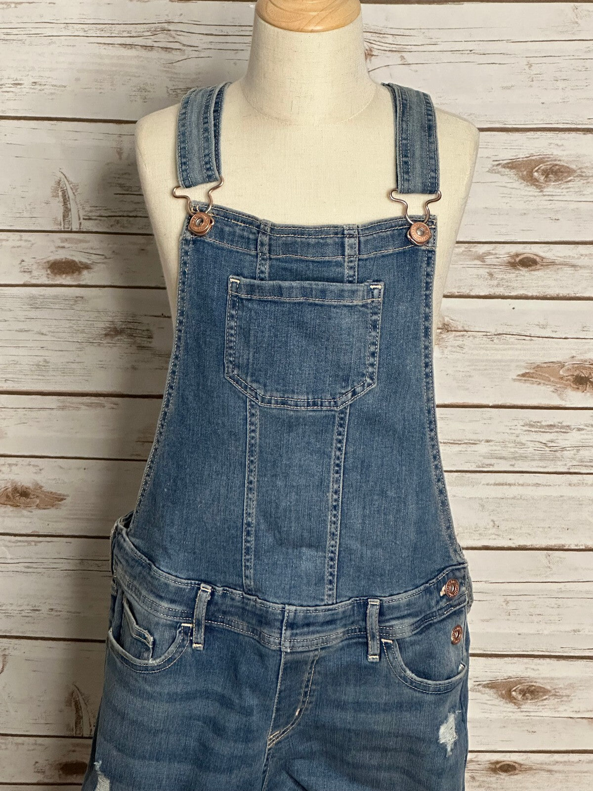 Abercrombie Kids medium wash distressed bib-style denim overalls Size 15/16