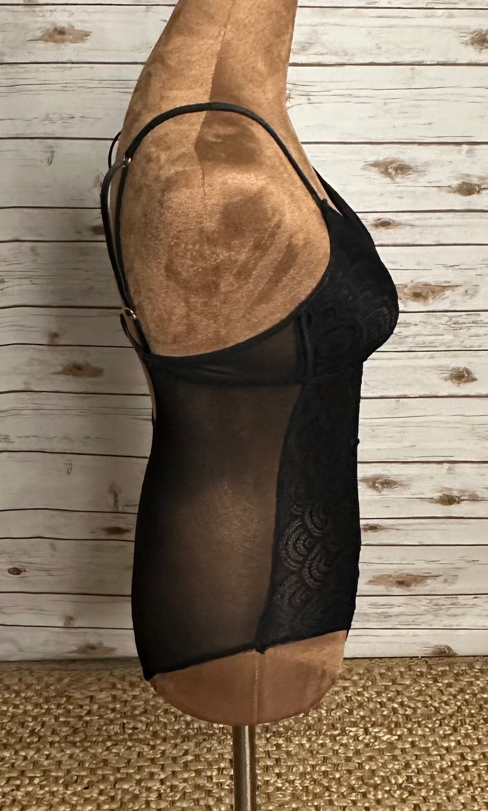 Black lace and sheer mesh plunging V-neck teddy/bodysuit Small coquette lingerie