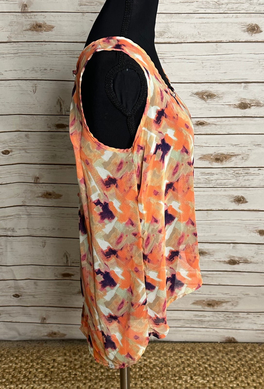 Paper Crane peach purple abstract scoop neck sleeveless sheer tank top Small