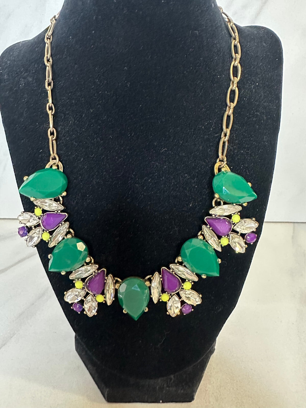 Green and purple jewel tone stone floral statement bib necklace
