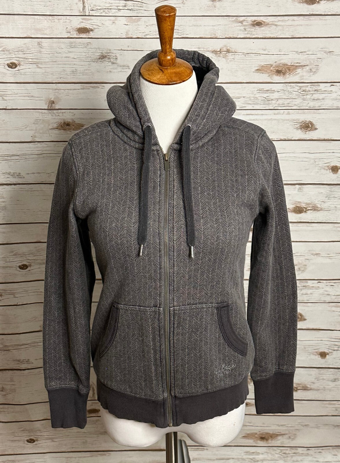 L.L. Bean grey-brown herringbone full-zip sherpa-lined hooded sweatshirt Size XS