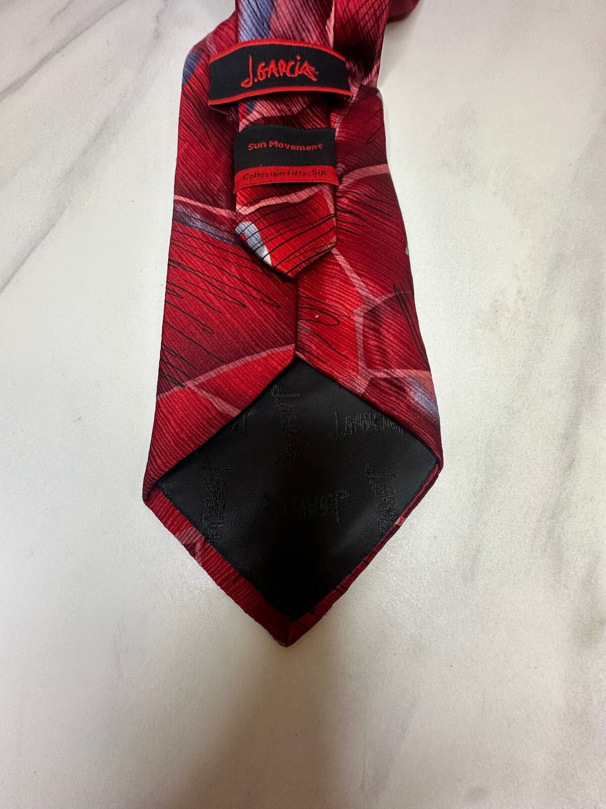 J. Garcia Sun Movement Collection 56 burgundy silver abstract 100% silk tie