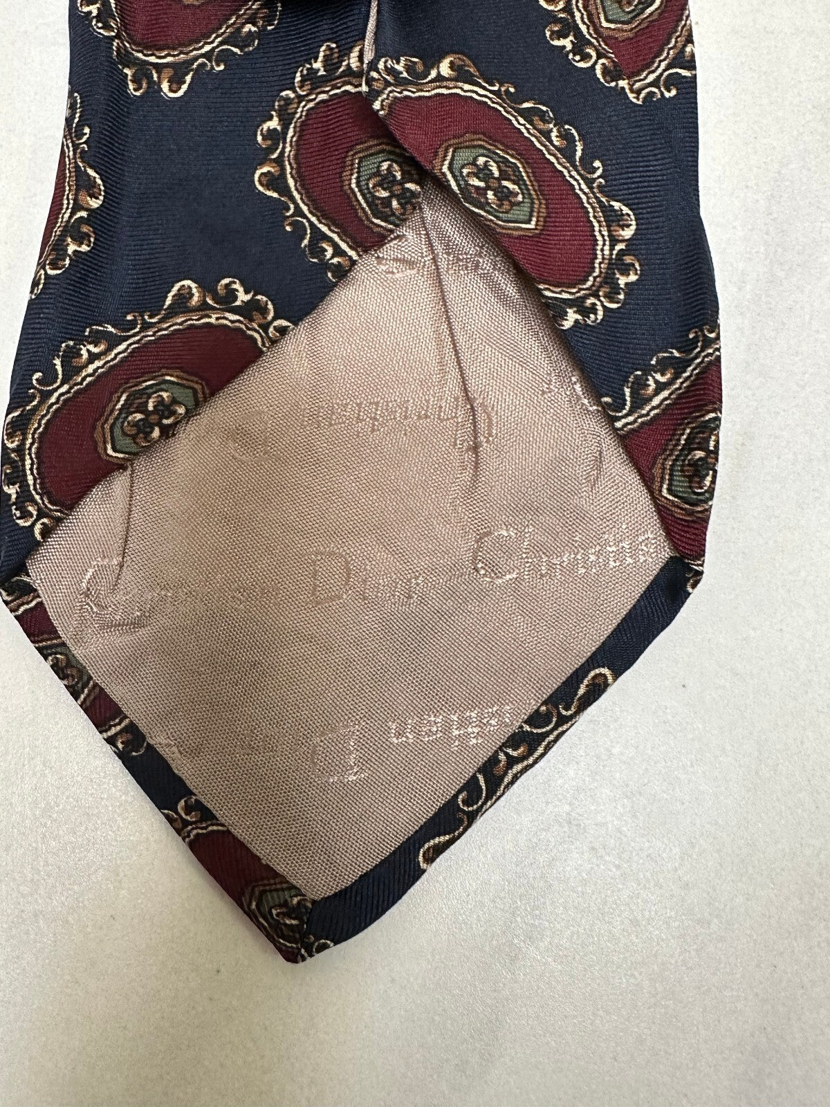 Vintage Christian Dior navy burgundy medallion 100% silk tie quiet luxury