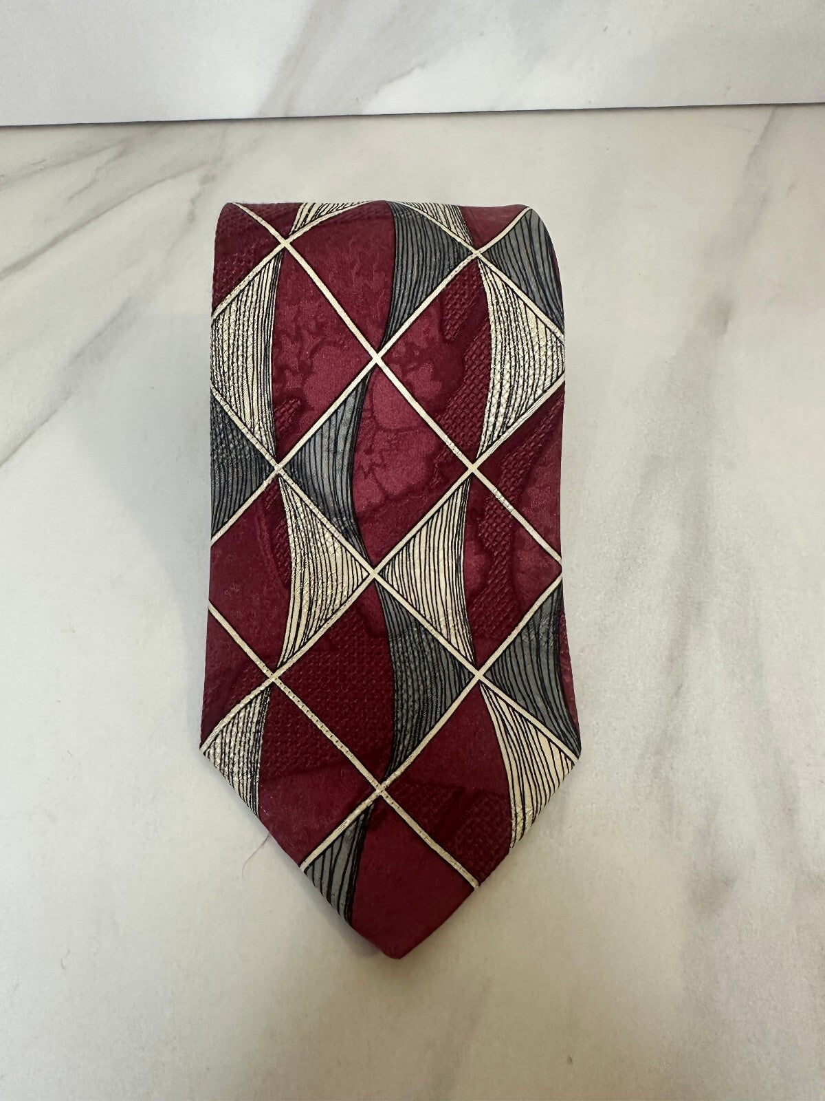 Vintage Robert Talbott Studio burgundy grey ivory abstract geometric silk tie
