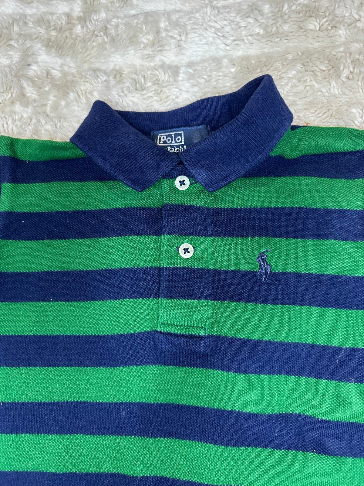 Polo by Ralph Lauren navy green striped rugby-style one-piece/romper 18M preppy