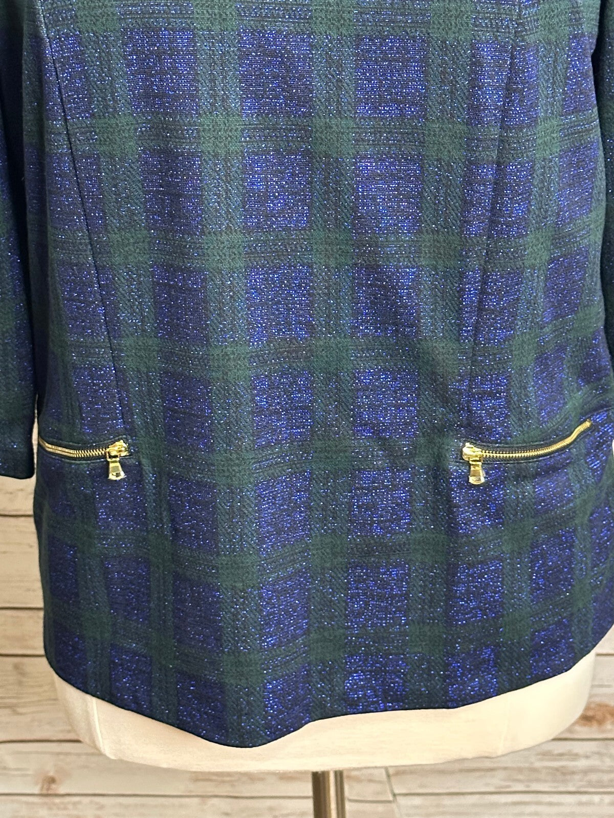 Talbots metallic navy green plaid 3/4 length sleeve gold zipper top 1X preppy