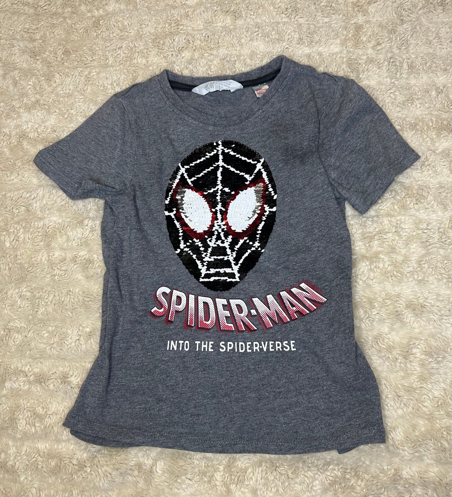 H&M x Marvel gray Spider-Man Into the Spider-Verse flip sequin t-shirt 4-6Y