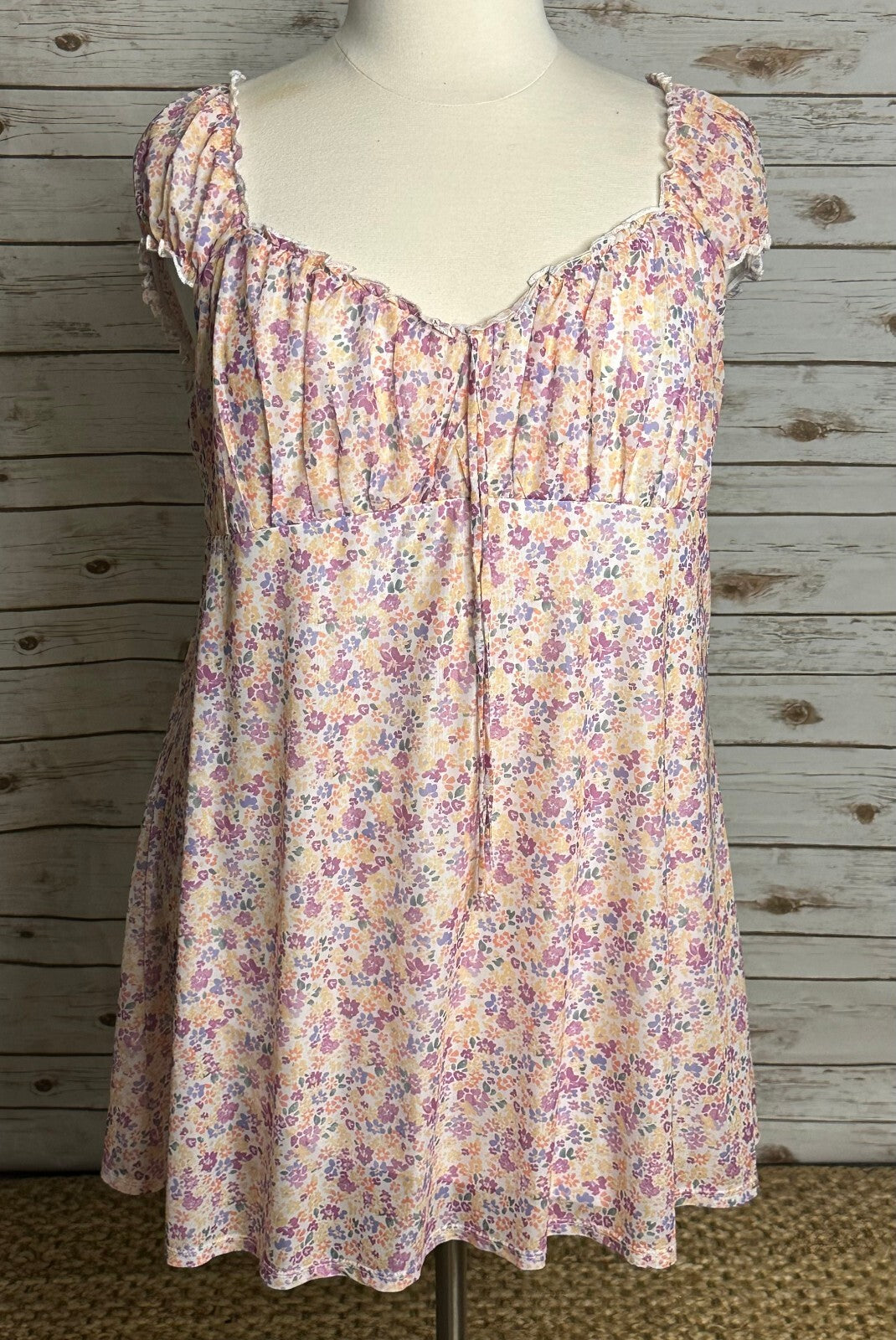 Multicolored ditsy floral puff sleeve empire waist babydoll top 3XL milkmaid