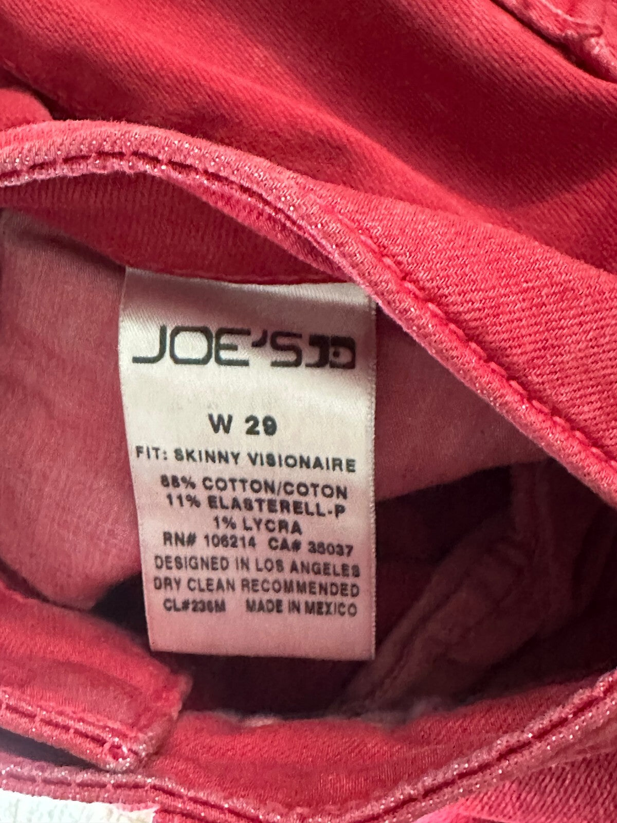 Joe's Jeans Skinny Visionaire rouge red mid-rise stretch denim jeans Size 29