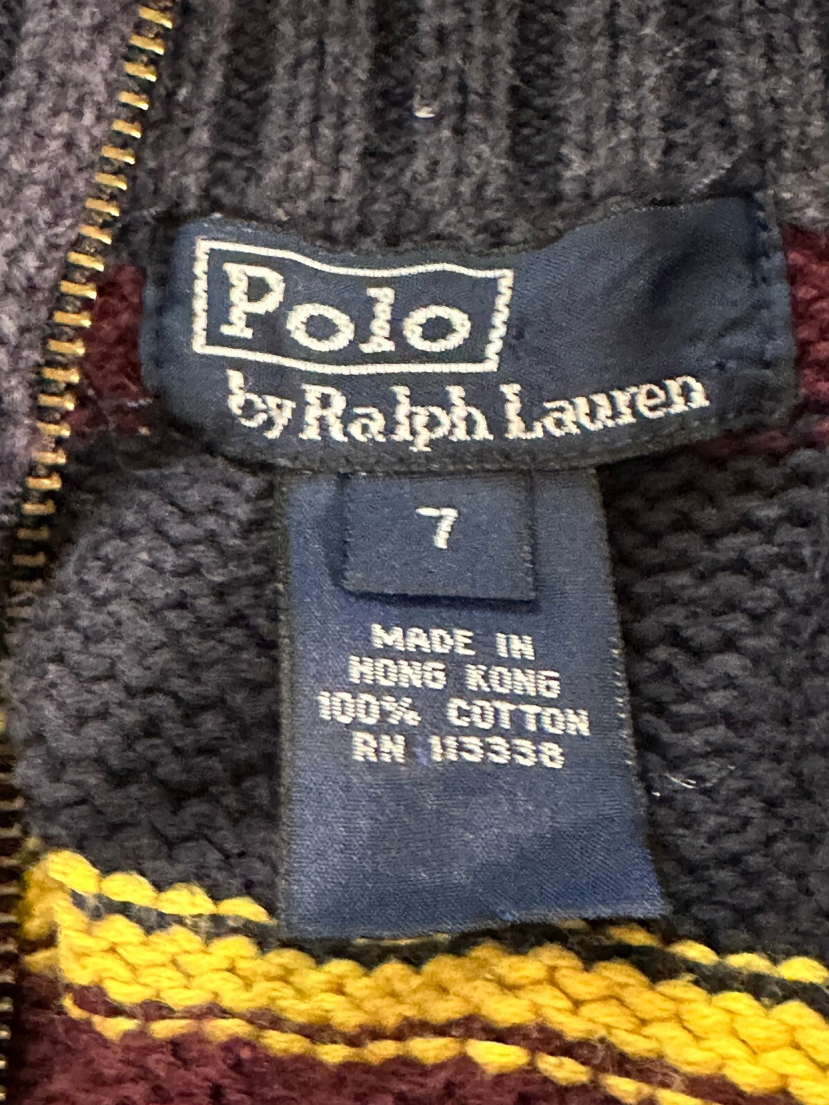 Polo Ralph Lauren burgundy navy yellow stripe cotton quarter zip sweater Size 7