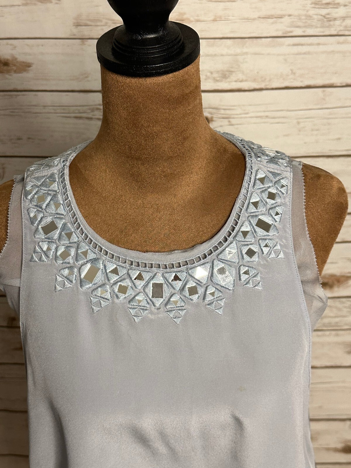 Rebecca Taylor light blue silver geometric embroidered sleeveless silk top 4
