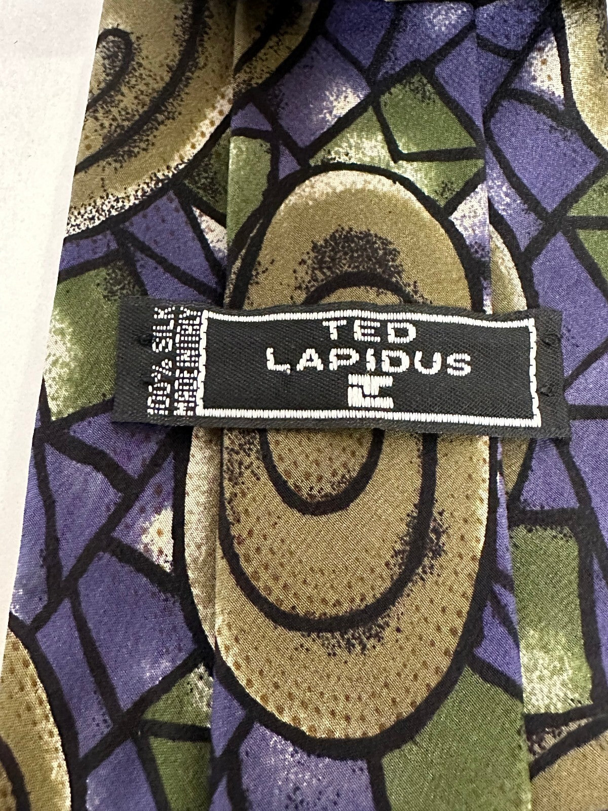 Vintage Ted Lapidus green purple abstract 100% Italian silk tie avant garde