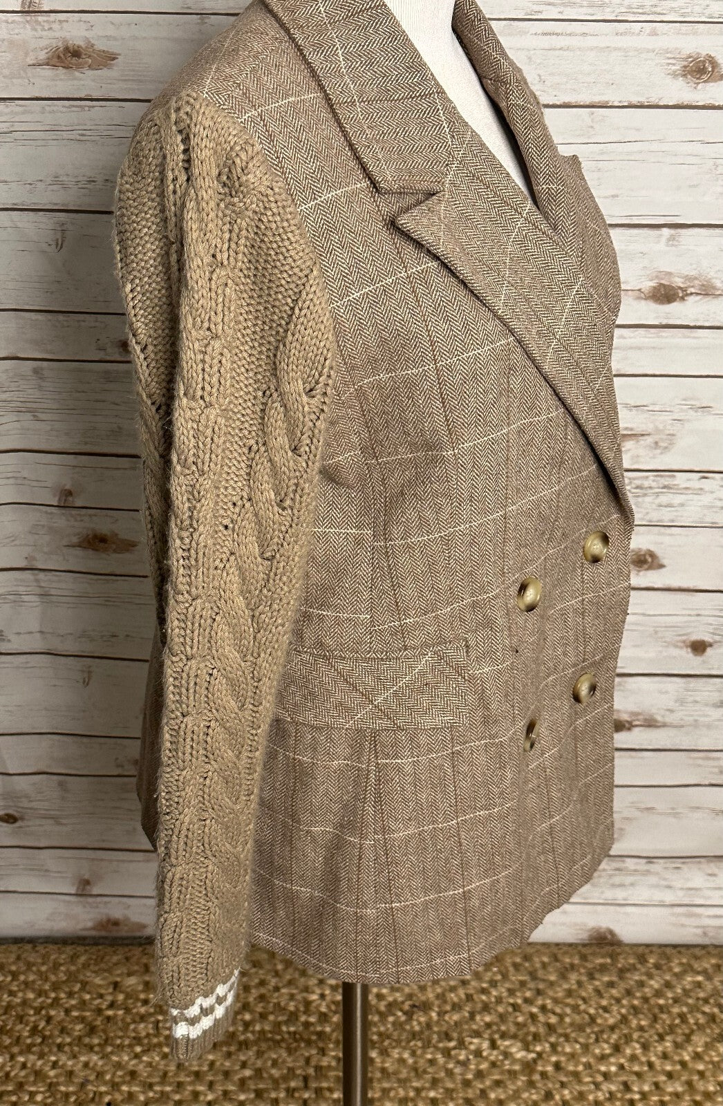 Avec Les Filles taupe herringbone long cable-knit sleeve wool-blend blazer Medium
