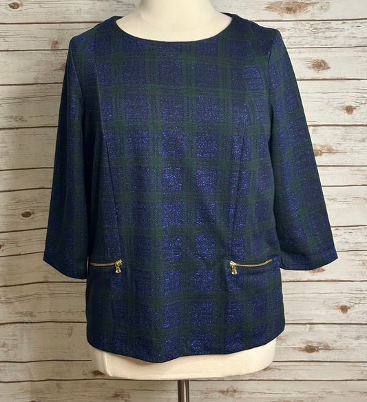 Talbots metallic navy green plaid 3/4 length sleeve gold zipper top 1X preppy