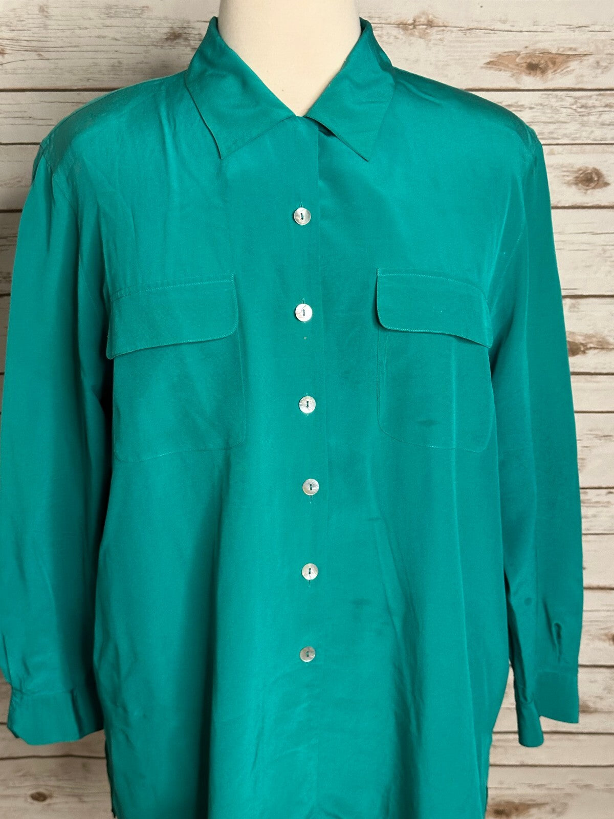 Vintage Silk Land Women blue green long sleeve button-up 100% silk blouse 2X