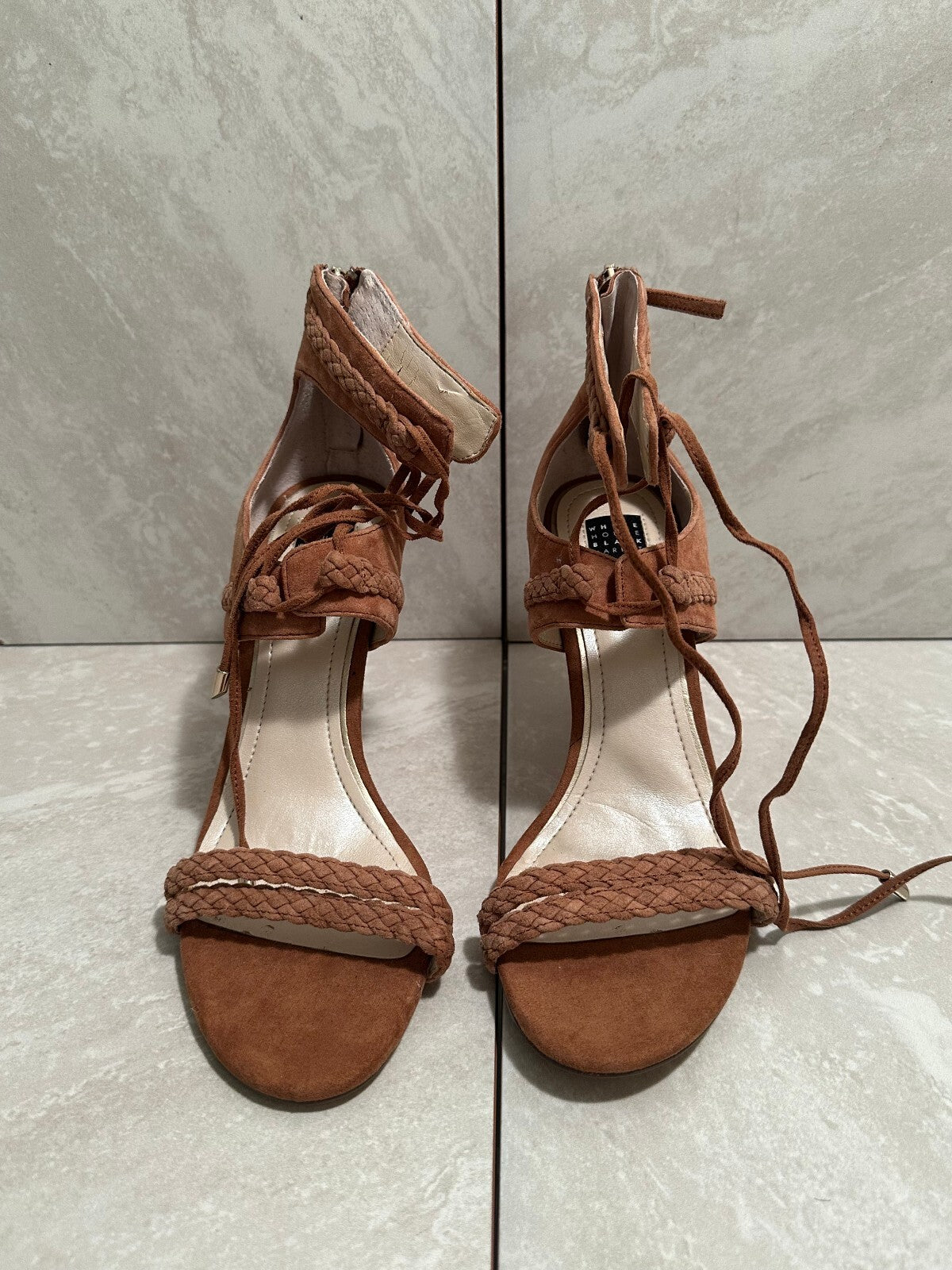 White House Black Market Serenity brown suede lace-up stiletto sandals Size 8M