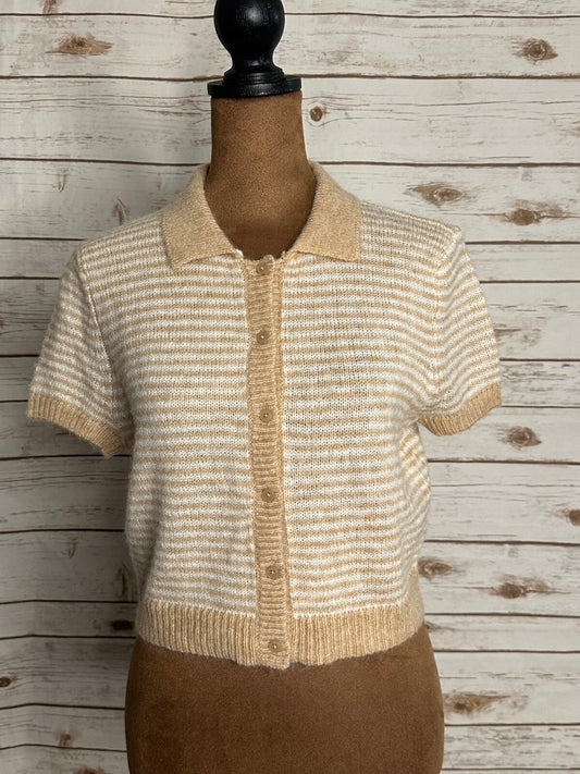 American Eagle tan cream striped short sleeve button-front cardigan sweater Medium