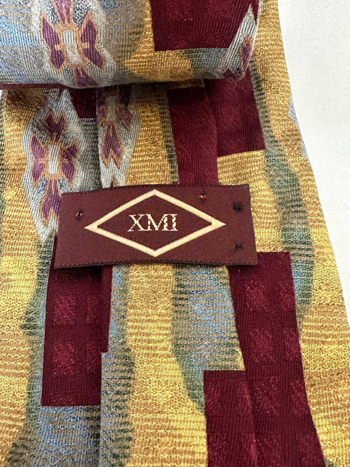Vintage XMI burgundy gold silver abstract geometric 100% silk tie artsy eclectic