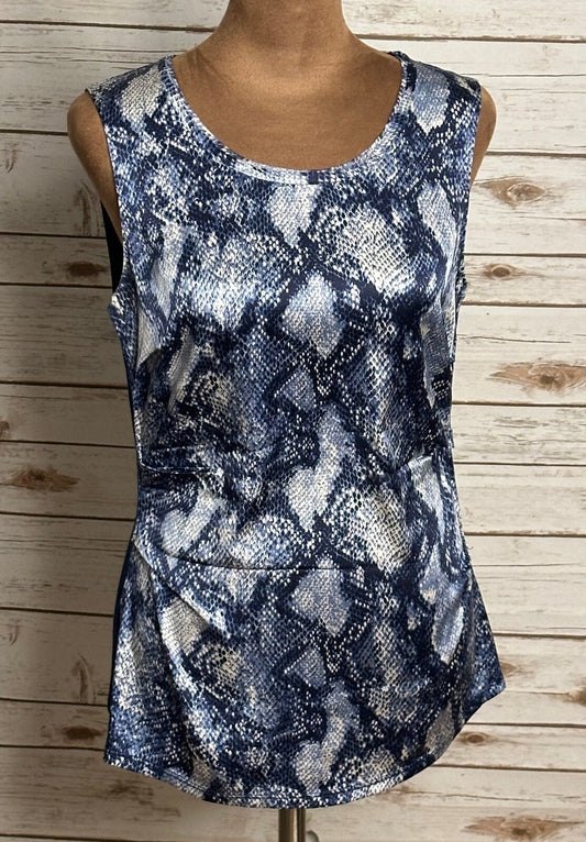 Elie Tahari navy blue ivory snakeskin sleeveless silk top Small quiet luxury