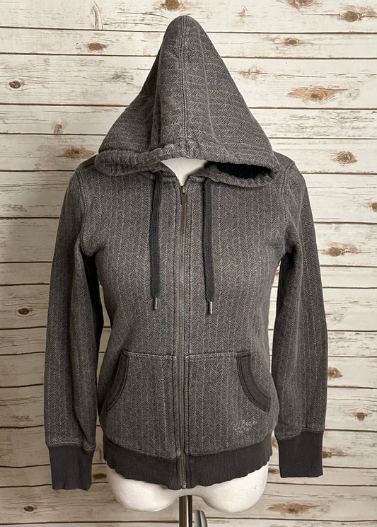 L.L. Bean grey-brown herringbone full-zip sherpa-lined hooded sweatshirt Size XS