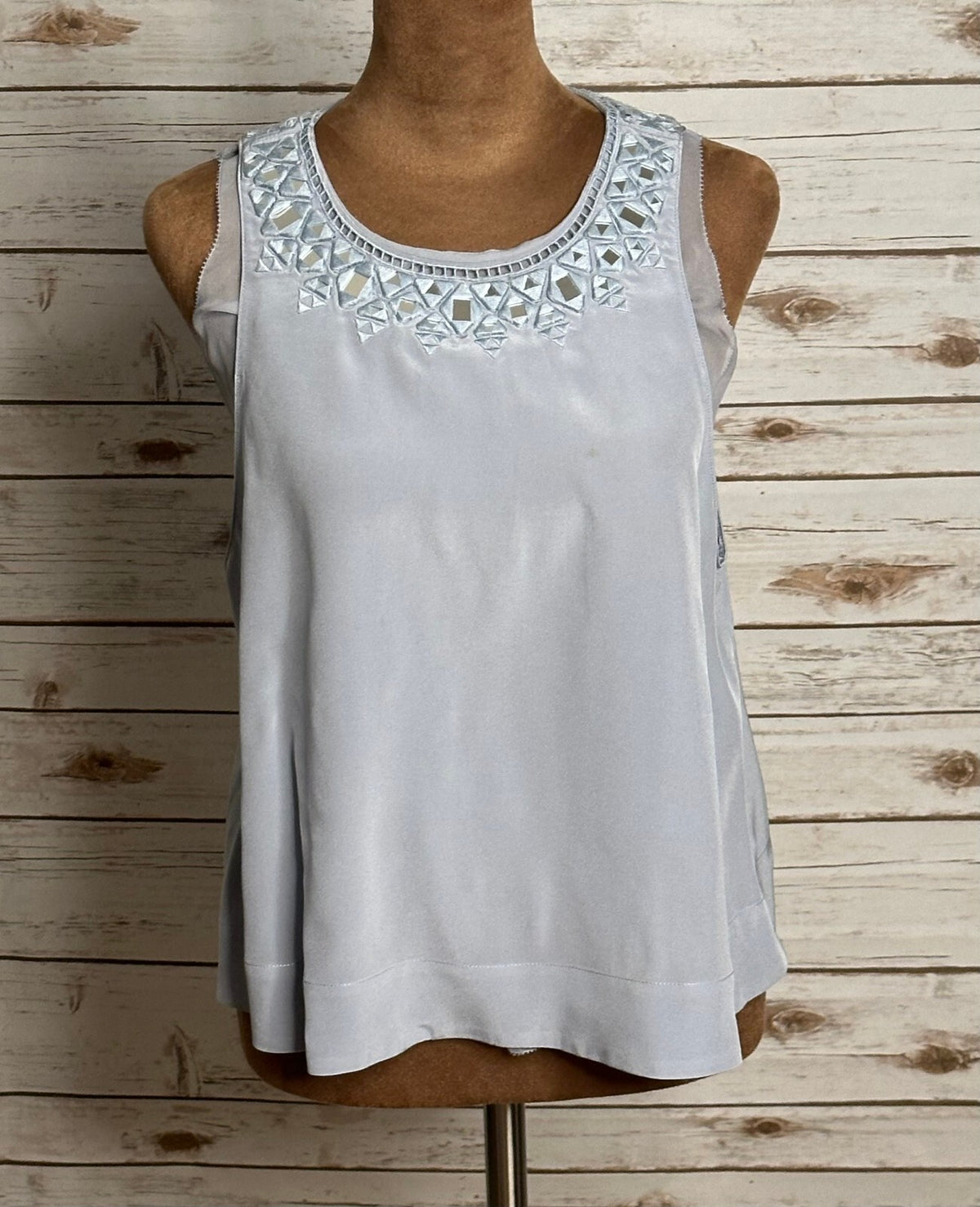 Rebecca Taylor light blue silver geometric embroidered sleeveless silk top 4
