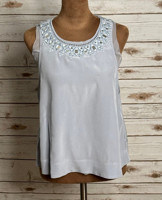Rebecca Taylor light blue silver geometric embroidered sleeveless silk top 4
